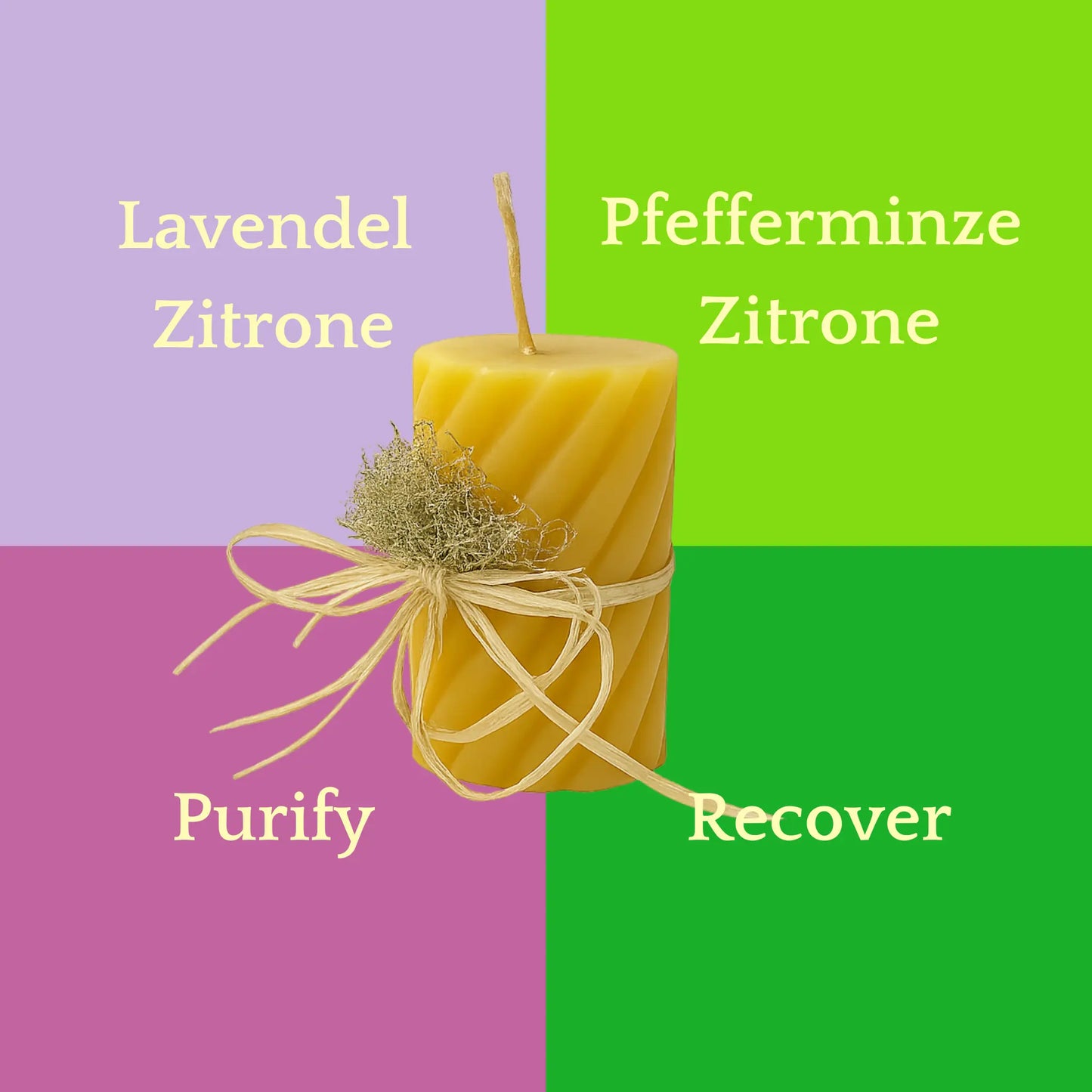 Geriffelte Duftsäule-Kerze in Gelb mit Schleife und Naturdeko – erhältlich in Lavendel, Recover, Purify und Zitrone/Pfefferminze