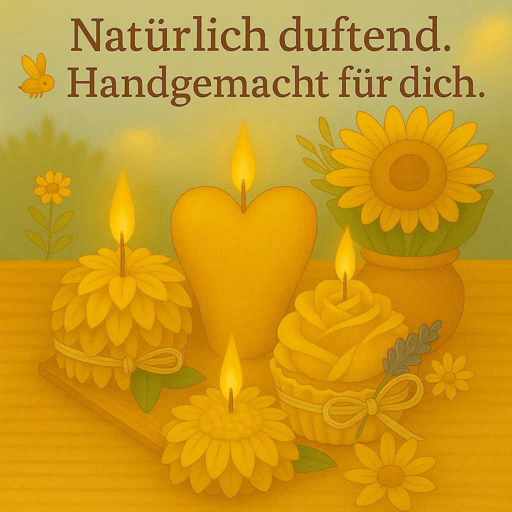 Handgemachte Bienenwachskerzen in verschiedenen Formen (Sonnenblume, Herz und Cupcake) auf einem Holztisch, umgeben von Sonnenblumen und anderen Blumen. Die Kerzen sind in einem warmen, goldenen Farbton gehalten und erzeugen eine gemütliche, einladende Atmosphäre. Darüber steht der Text 'Natürlich duftend. Handgemacht für dich.' in brauner Schrift.