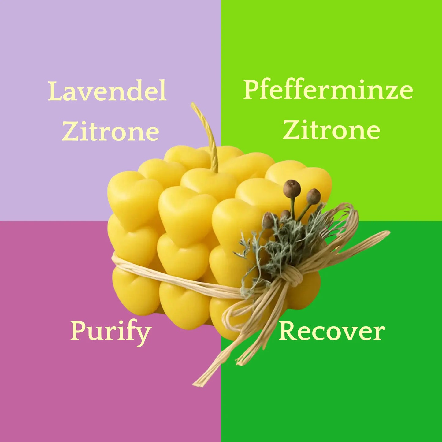 Herzförmige große Bubble-Kerze in Gelb mit Kräuterdeko – erhältlich in Lavendel, Recover, Purify und Zitrone/Pfefferminze