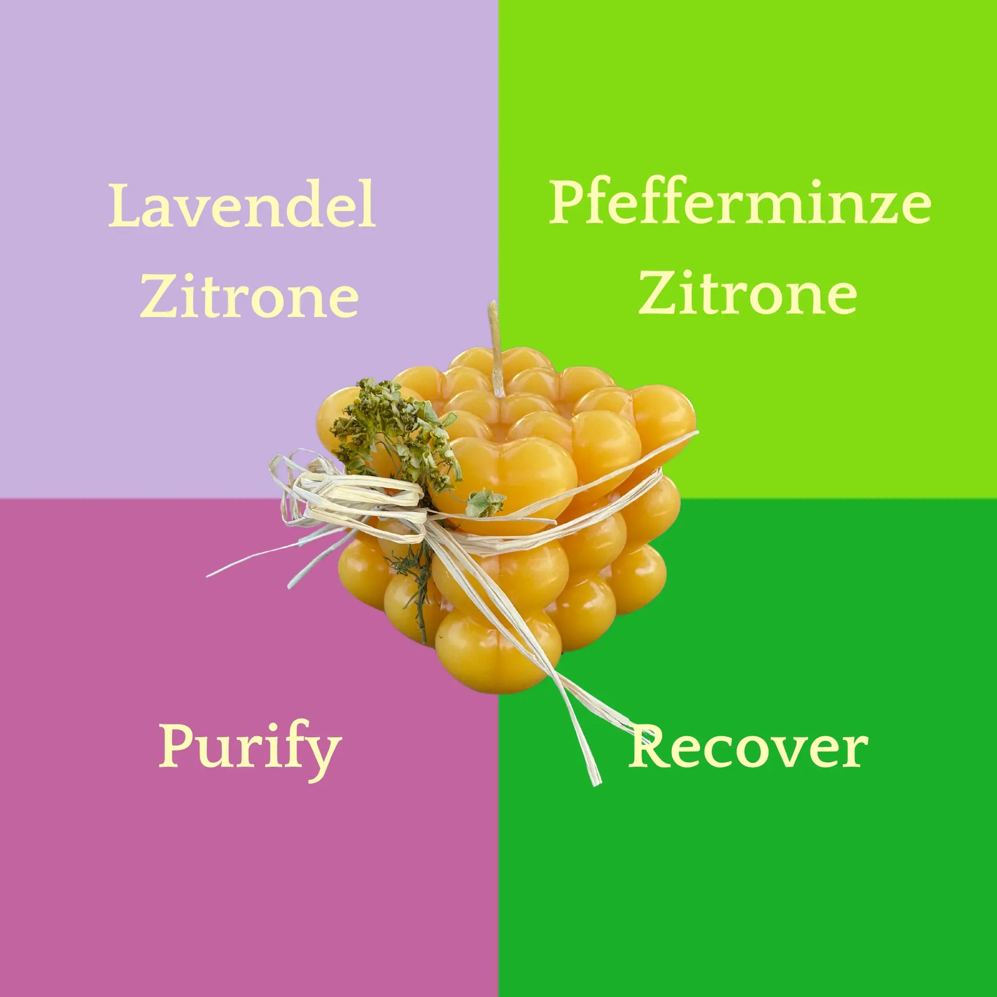 Herzförmige mittlere Bubble-Kerze in Gelb mit Kräuterdeko – erhältlich in Lavendel, Recover, Purify und Zitrone/Pfefferminze